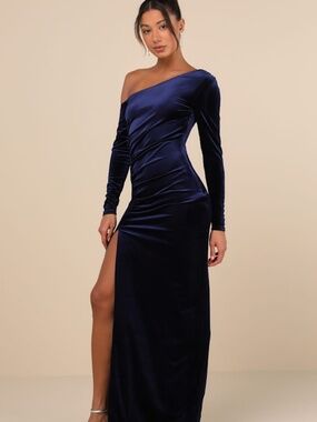 NWT Lulus Notorious Icon Navy Blue Velvet Asymmetrical Maxi Dress - Size S